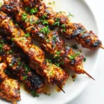 Honey garlic chicken skewers arranged on a white plate, garnished with chopped herbs, showing golden caramelization and grill marks.