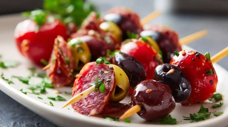 Cherry tomatoes, olives, and slices of salami threaded onto wooden skewers and sprinkled with chopped herbs on a white plate.