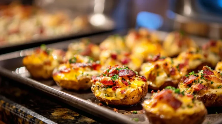 Loaded baked potato skins on a metal baking sheet with melted cheese, crispy bacon pieces, and chopped herbs in warm light.