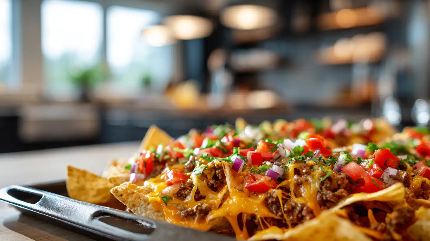 Loaded Beef Nachos Supreme 2 Skillet of loaded beef nachos with melted cheese, seasoned ground beef, diced tomatoes, and fresh herbs on a kitchen counter.