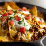 Cheesy beef taco skillet with tortilla chips, seasoned ground beef, sour cream, diced tomatoes, and fresh herbs in a cast iron pan