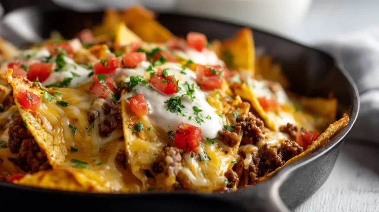 Cheesy beef taco skillet with tortilla chips, seasoned ground beef, sour cream, diced tomatoes, and fresh herbs in a cast iron pan