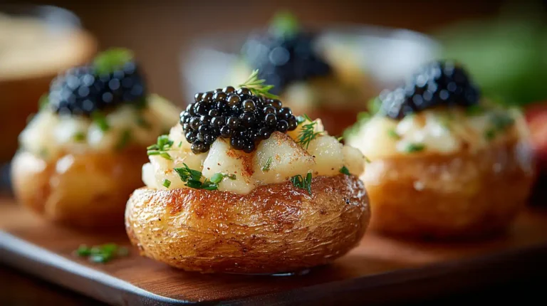 Close-up of a golden roasted potato round topped with diced potato, herbs, and glossy black caviar on a wooden board.