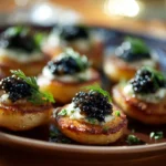 Plate of golden potato rounds topped with sour cream, herbs, and caviar arranged in soft warm light.