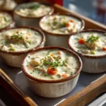 Small ramekins filled with creamy chicken pot pie soup topped with herbs in warm natural light.