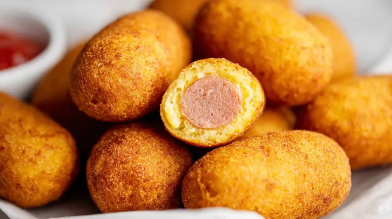 Golden mini corn dog bites stacked on a plate, with one cut open to show the fluffy cornbread center and hot dog inside.