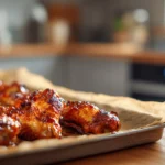 Oven-baked BBQ chicken wings on a parchment-lined baking sheet with sticky caramelized sauce in a modern kitchen.