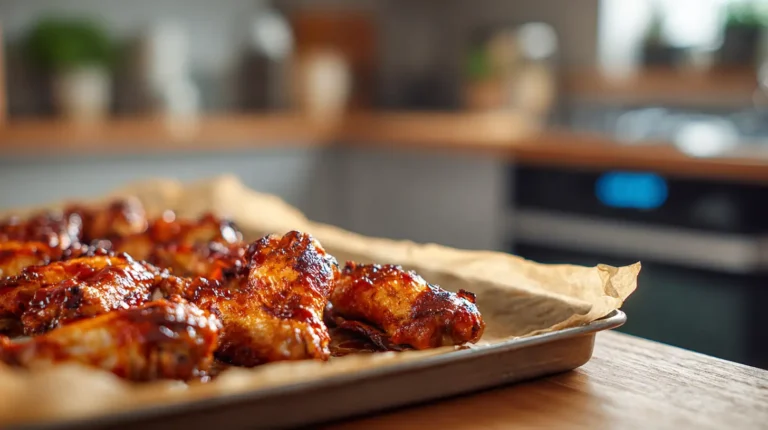 Oven-baked BBQ chicken wings on a parchment-lined baking sheet with sticky caramelized sauce in a modern kitchen.