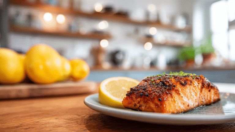 Pan-seared crispy salmon on a plate with a lemon wedge, golden skin and flaky texture, set on a wooden table in a bright kitchen.