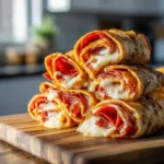 Stacked pizza roll-ups sliced open on a wooden board, showing stretchy cheese and turkey pepperoni layers.