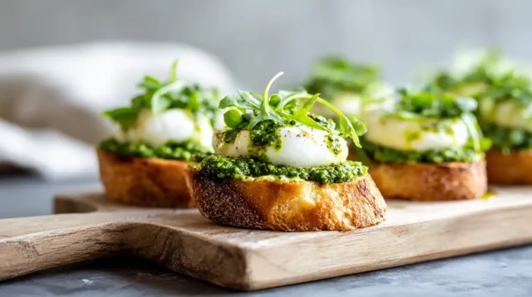 Pesto burrata crostini on toasted baguette slices with creamy burrata and fresh greens on a wooden board.