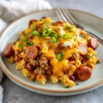 Single serving of chili cheese dog casserole on a plate with melted cheese, beef hot dog slices, and chili.