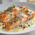 Plated creamy Tuscan salmon with herbs and sun-dried tomatoes served in a smooth garlic cream sauce.