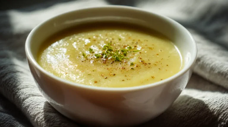Creamy potato and leek soup in a white bowl, lightly garnished with herbs and black pepper on a cozy textured cloth.