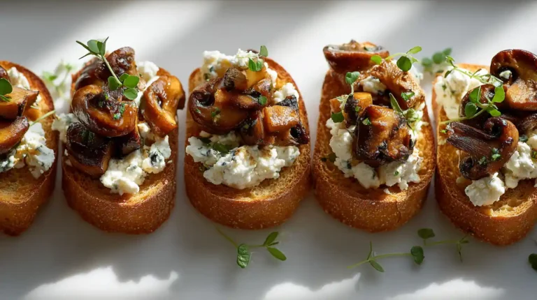 Roasted mushroom and ricotta canapés lined up on toasted baguette slices, topped with golden mushrooms and fresh herbs.
