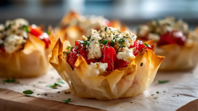 Close-up of a golden phyllo cup filled with roasted red peppers and crumbled feta, garnished with herbs in warm natural light.