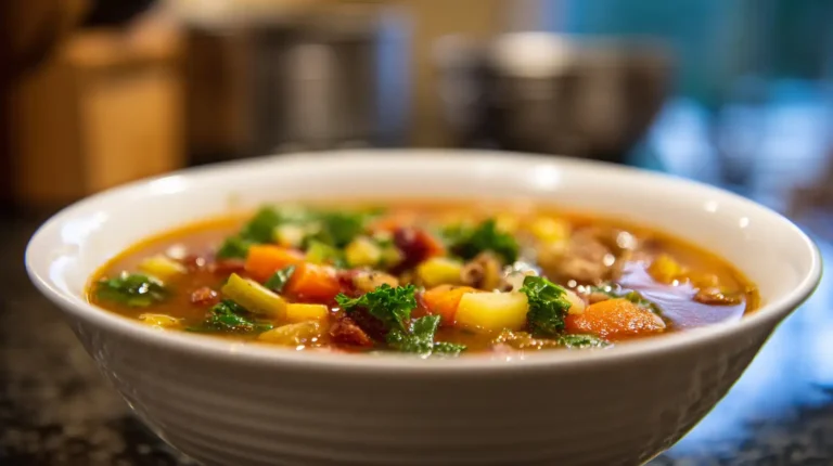 Warm bowl of rustic vegetable soup with carrots, potatoes, tomatoes, and greens in a cozy kitchen setting.