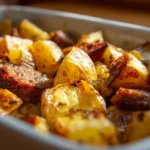 Close-up of roasted baby potatoes and sliced beef or turkey sausage with golden edges in a baking dish.
