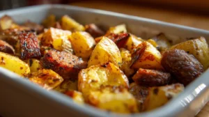 Close-up of roasted baby potatoes and sliced beef or turkey sausage with golden edges in a baking dish.