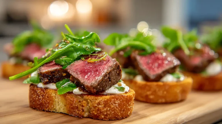 Close-up of toasted crostini topped with medium-rare seared steak, creamy spread, and fresh arugula on a wooden board.