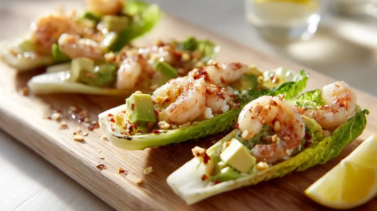 Shrimp and avocado endive boats lined on a wooden board with chili flakes, herbs, and lemon wedges in bright natural light.