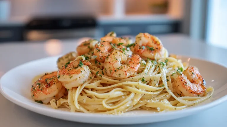 Shrimp scampi linguine with garlic butter sauce and parsley served on a white plate in a bright modern kitchen.