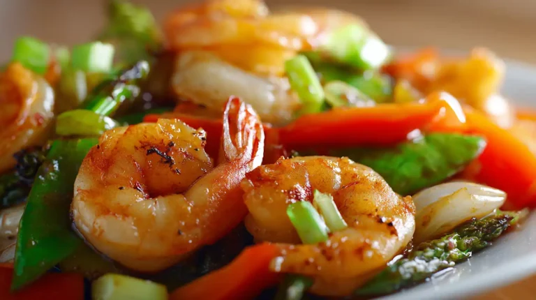 close-up of shrimp stir fry with colorful vegetables, glossy sauce, and green onions in warm natural light