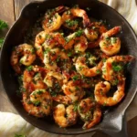 Garlic Butter Shrimp Skillet 3 Top-down view of garlic butter shrimp arranged in a cast iron skillet with herbs and browned edges.
