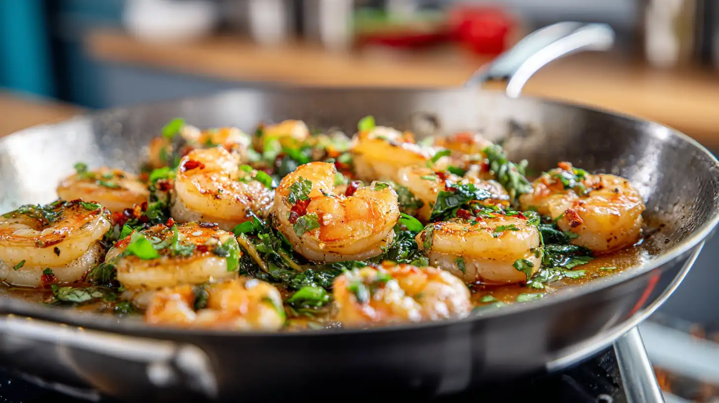 Honey Garlic Shrimp 2 Honey garlic shrimp cooking in a skillet with fresh herbs, lightly browned shrimp, and a glossy sauce in a modern kitchen setting.