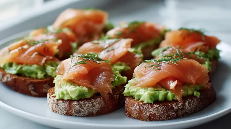 Smoked salmon and avocado crostini on toasted baguette slices topped with fresh dill on a white plate.