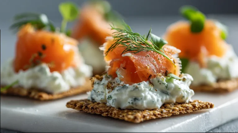 Smoked trout with dill on a creamy herb spread layered over crispbread, photographed close-up with soft natural light.