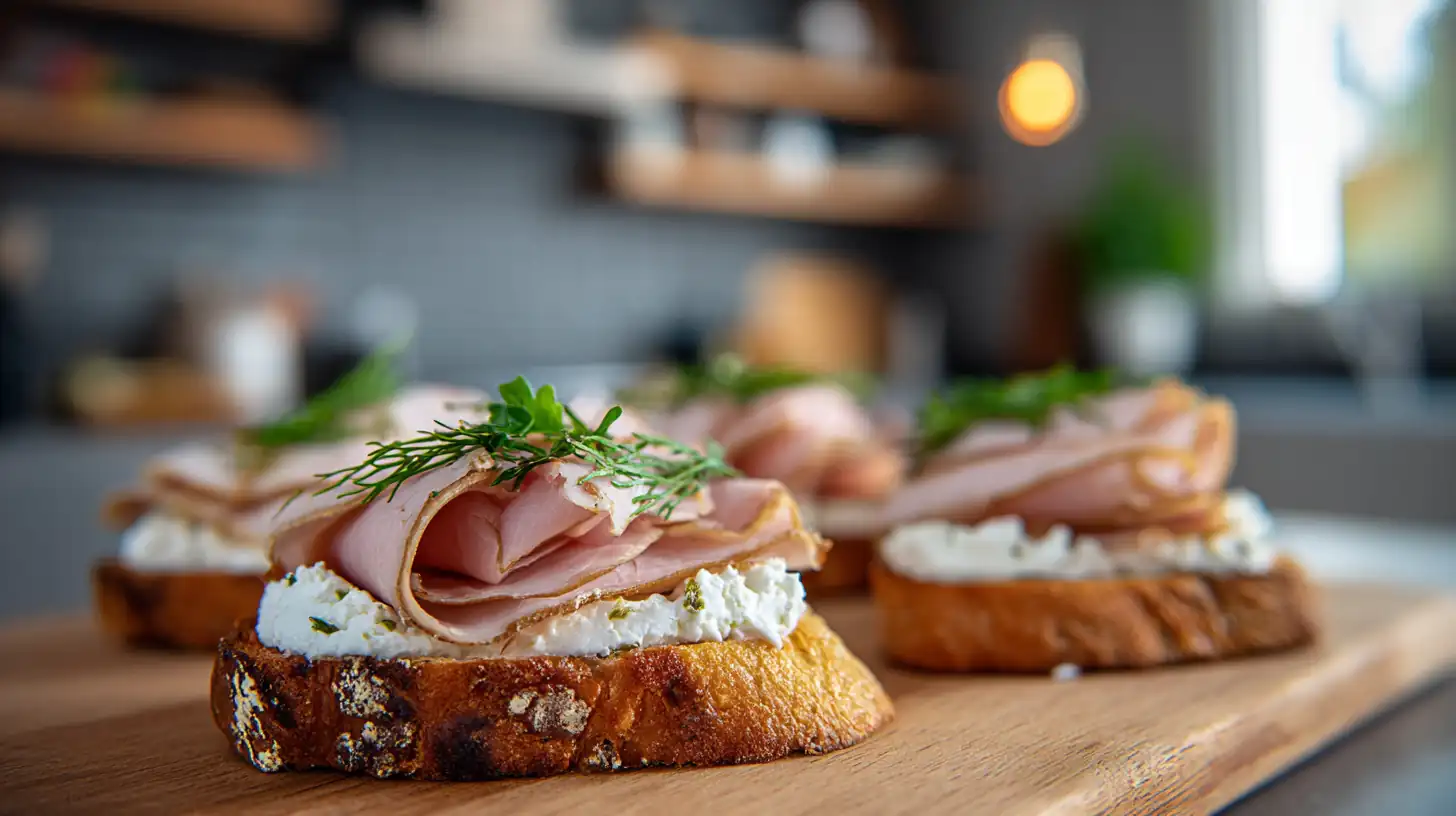 Smoked Turkey & Whipped Goat Cheese Toasts 2 Smoked turkey and whipped goat cheese toast on golden sourdough with fresh herbs in a softly lit kitchen setting