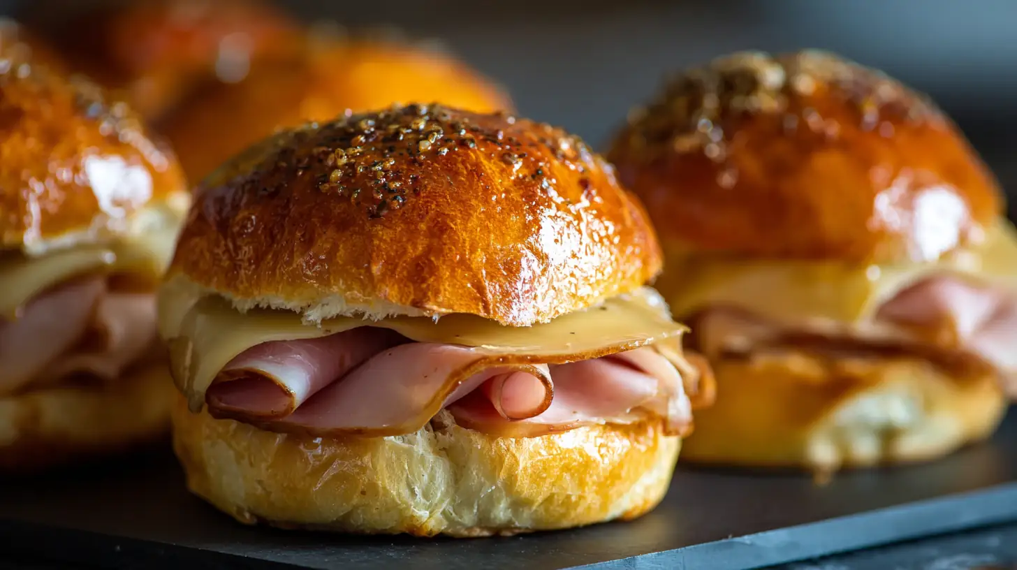 Ham & Swiss Sliders with Mustard Glaze 2 Close-up of baked smoked turkey and Swiss sliders with glossy mustard glaze on golden Hawaiian rolls