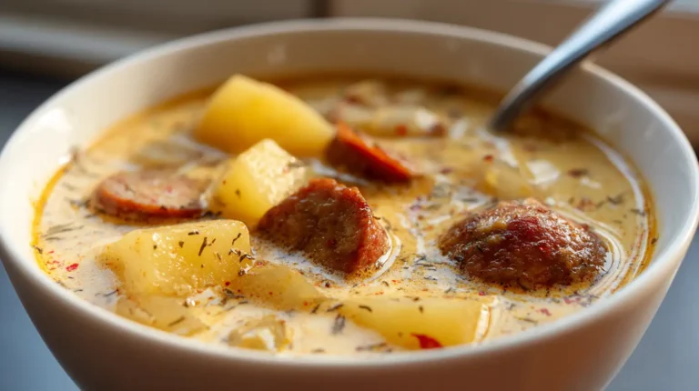 Close-up of creamy potato soup with sliced beef or turkey smoked sausage and herbs in a white bowl.