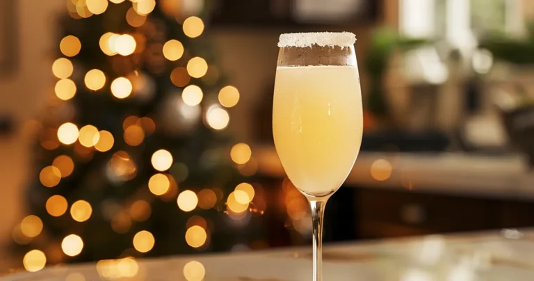 A tall flute of pale sparkling white grape mocktail with a sugar rim, set in front of warm golden holiday lights.