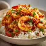Cajun Shrimp Rice Bowl 3 Golden Cajun shrimp piled on fluffy white rice with herbs and spices in a shallow bowl