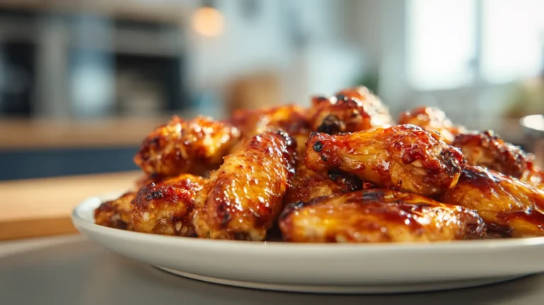 Plate of sticky spicy honey glazed chicken wings with caramelized edges in warm natural kitchen light