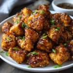 Plate of crispy honey garlic chicken bites topped with sesame seeds and green onions.