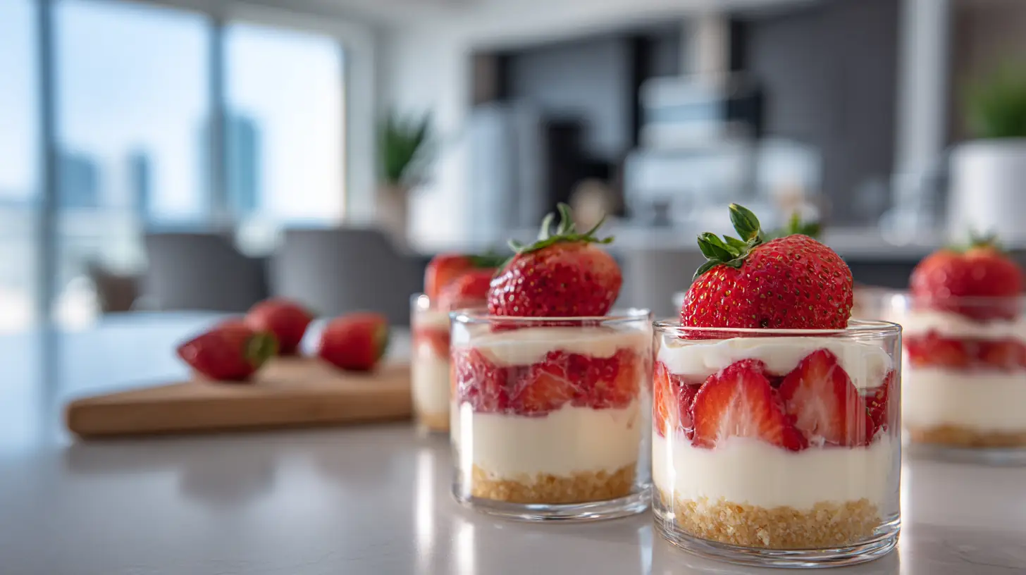 Strawberry Cheesecake Cups 2 two clear glass strawberry cheesecake cups with layered graham crust, creamy filling, and whole strawberries on a bright kitchen counter