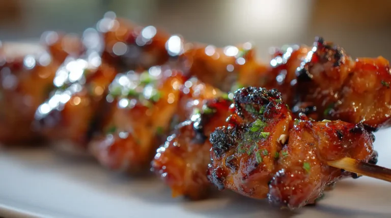 Close-up of honey garlic chicken skewers with a glossy caramelized glaze and light charring, photographed at a shallow angle with soft background blur.