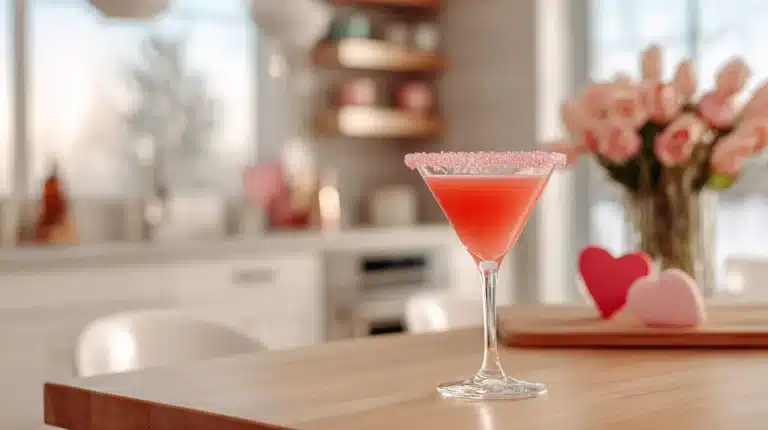 Pink Valentine mocktail in a sugared-rim martini glass on a wooden counter with soft roses and heart décor in the background.