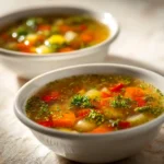 Two bowls of vegetable soup with bright carrots, peppers, and herbs on a soft, warmly lit surface.