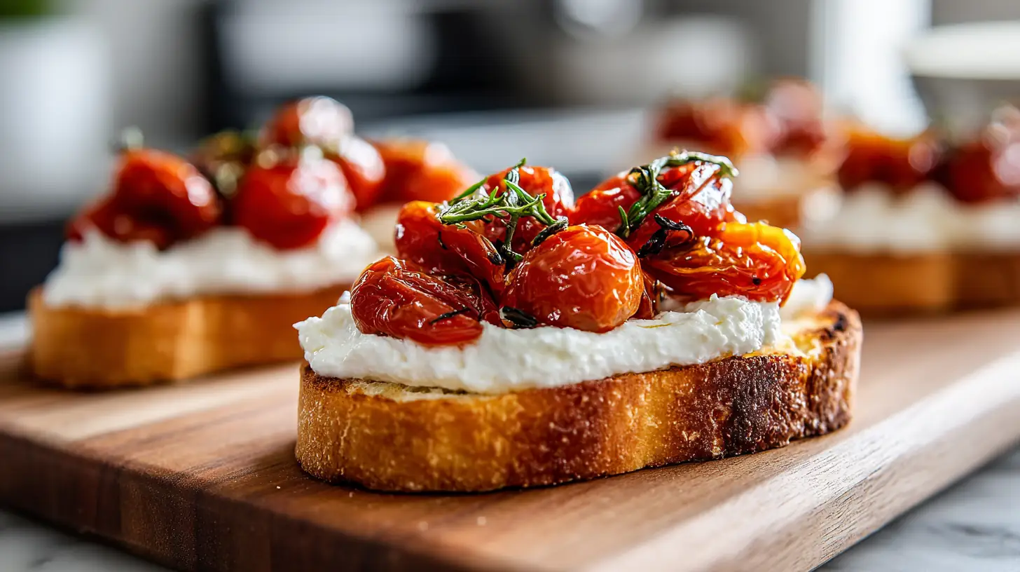 Whipped Ricotta Crostini with Roasted Cherry Tomatoes 2 Close-up crostini topped with whipped ricotta and blistered cherry tomatoes on toasted bread.
