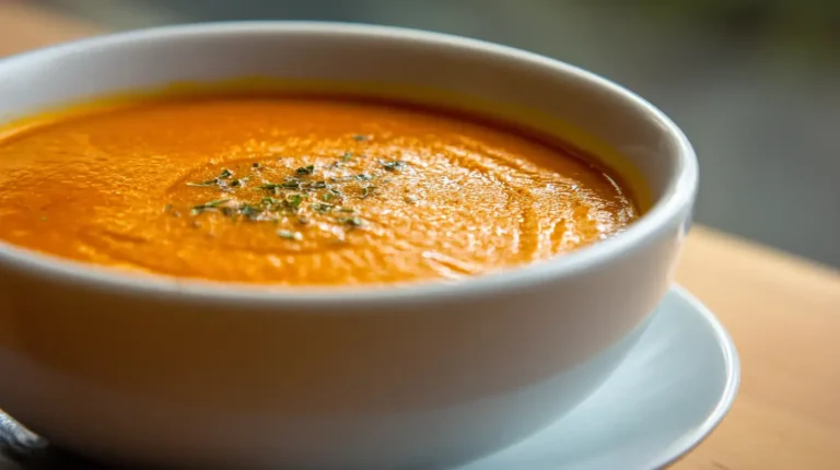 Creamy zucchini carrot tomato soup in a white bowl with smooth texture and light herb garnish on a wooden surface