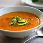 Tomato broth vegetable soup topped with sliced zucchini and fresh basil in a white bowl on a neutral table