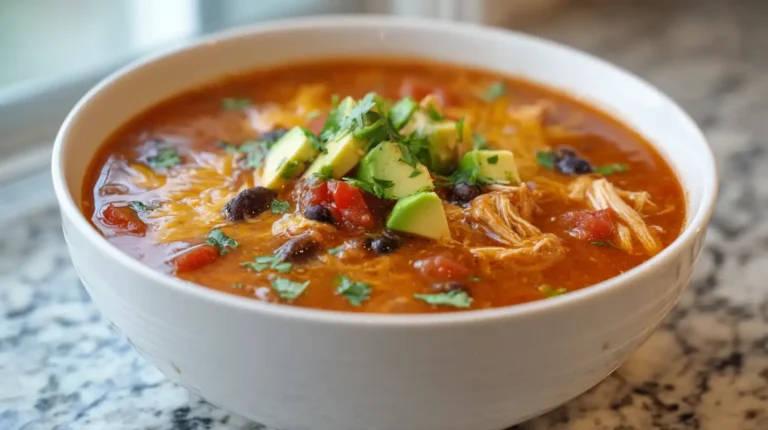 bowl of chicken enchilada soup with shredded chicken, black beans, avocado chunks, and cilantro in a white bowl