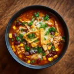 chicken enchilada soup topped with tortilla strips, melted cheese, beans, and corn in a dark bowl
