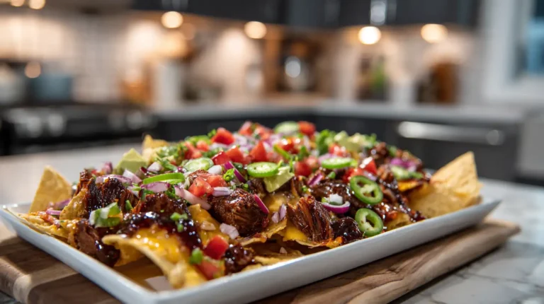 BBQ brisket nachos piled high on a white platter with melted cheese, jalapeños, diced tomatoes, red onion, and cilantro in a modern kitchen.