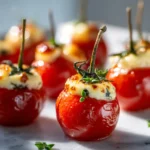 Close-up of roasted cherry tomatoes stuffed with melted cheese and herbs on a marble board