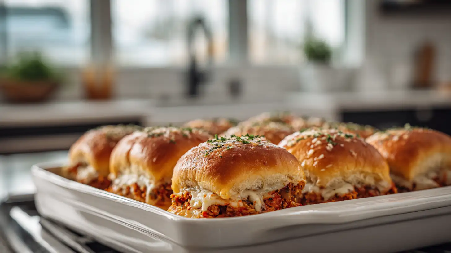 Chicken Parmesan Sliders 2 Baked chicken parmesan sliders in a white baking dish with golden tops, melted cheese, and marinara sauce in a bright kitchen.